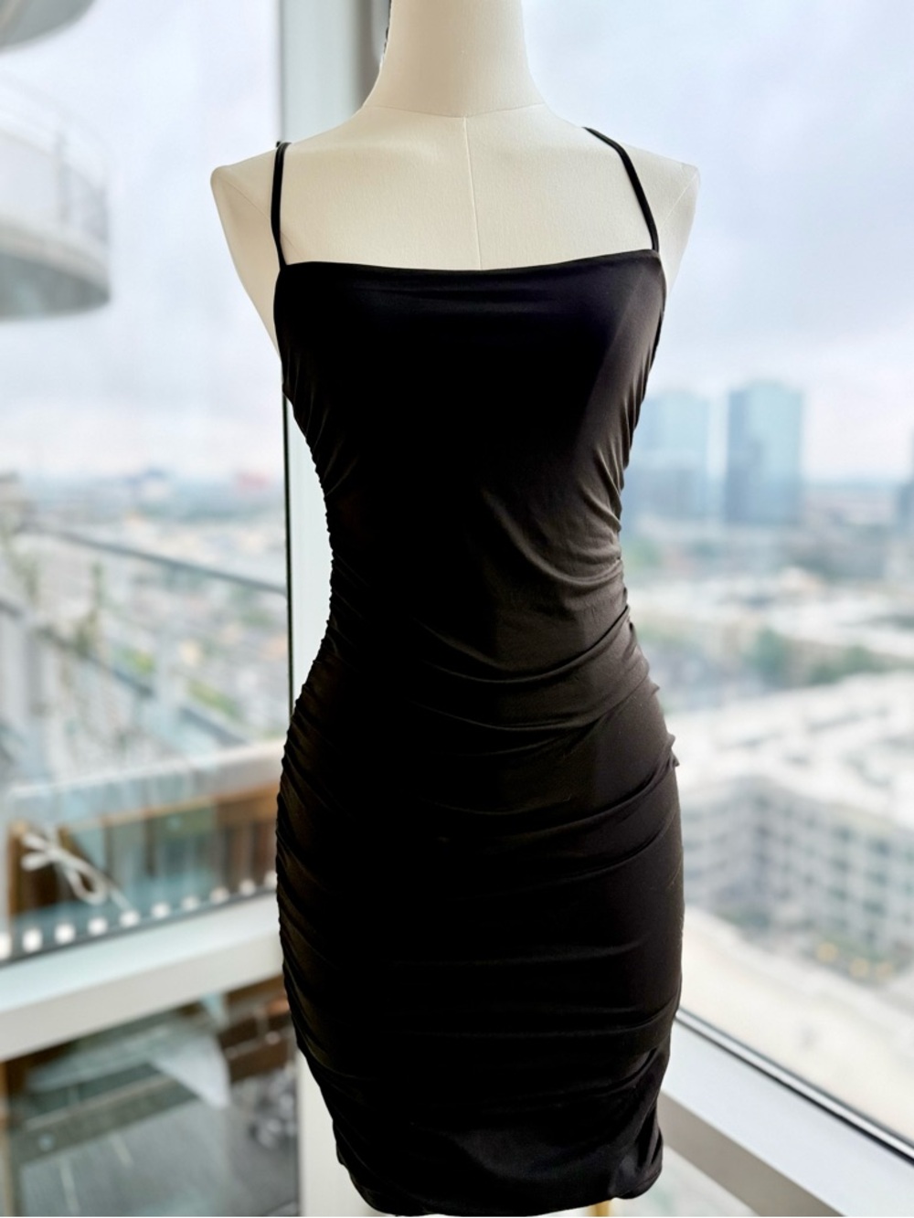 Oh Polly Sleek Black Bodycon Spaghetti-Strap Dress